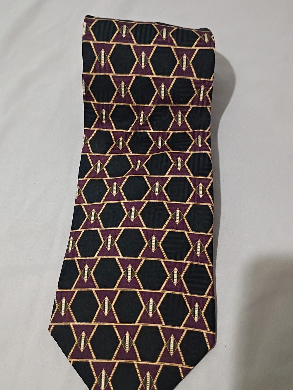 bill blass Black Label  Black and Burgandy Silk Tie with Gold Geometric Trim
